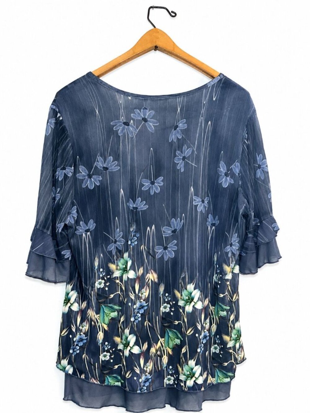 Valolia Women's Blue Gray Floral Blouse XL Ruffle Sleeve Layered Chiffon Tunic T - Picture 2 of 2